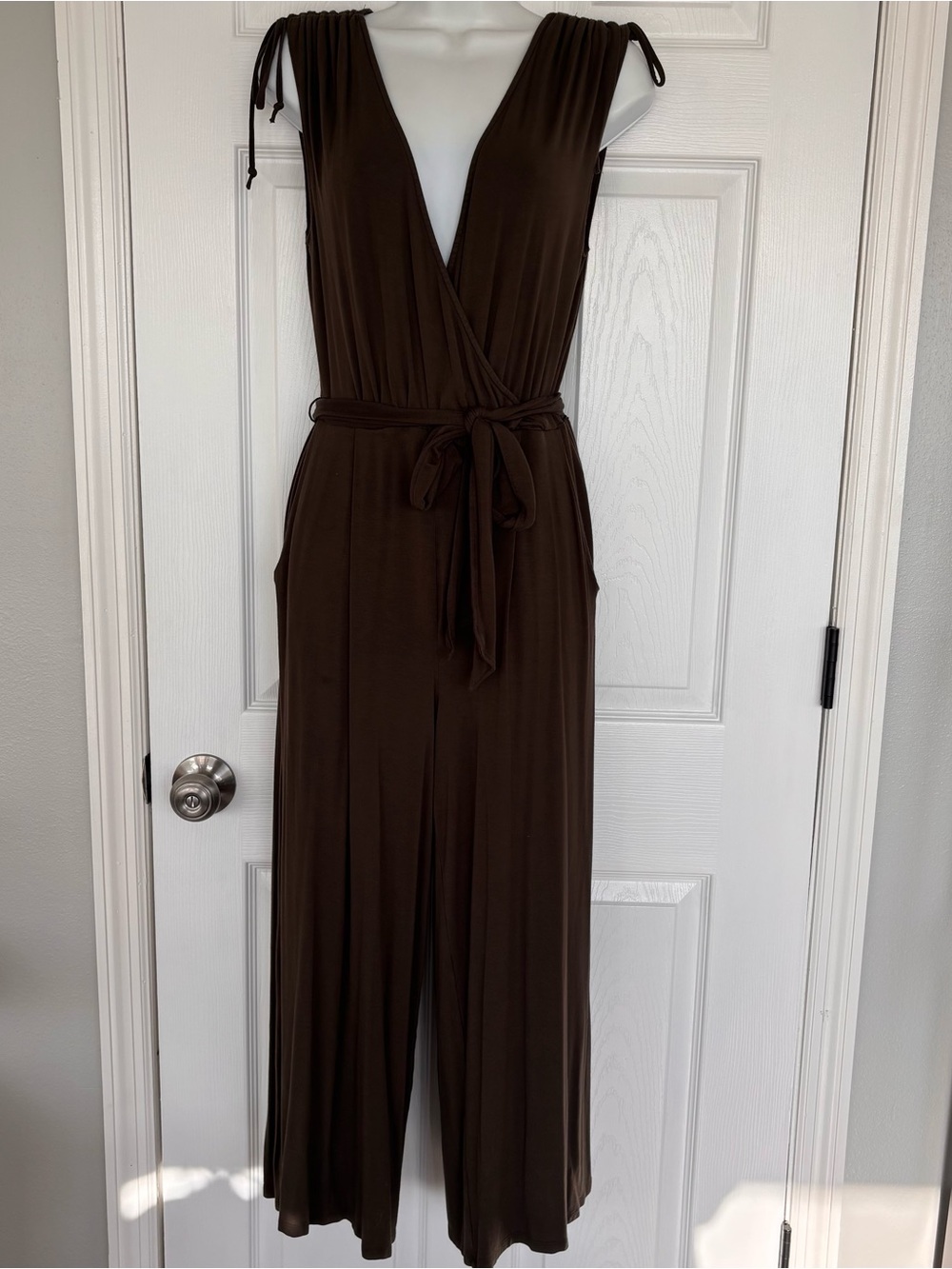 Moulinette Soeurs Brown Sleeveless V-Neck Jumpsuit with Waist Tie
